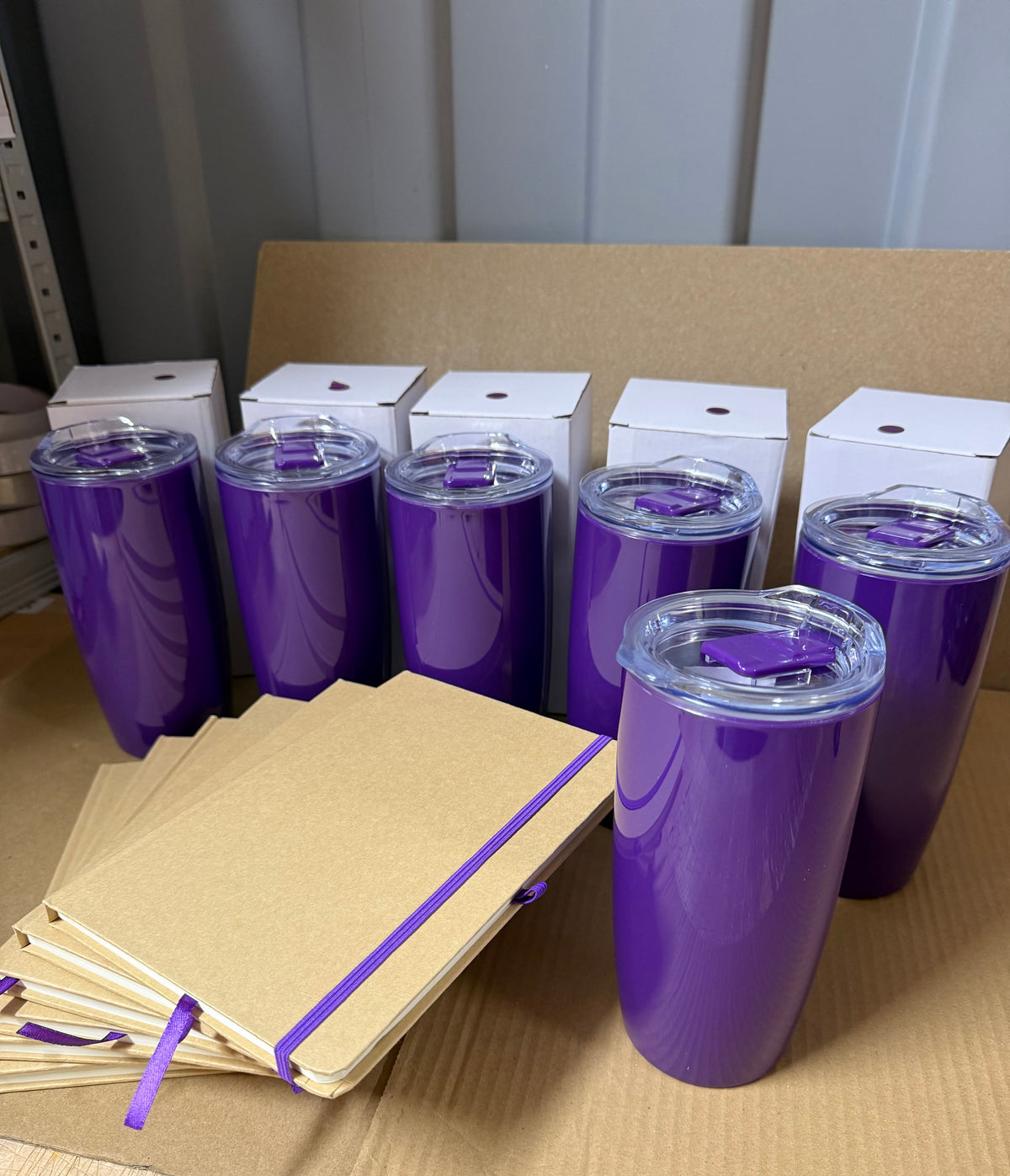 Bundle of 6 Natural/Purple notebook and purple tumbler sets